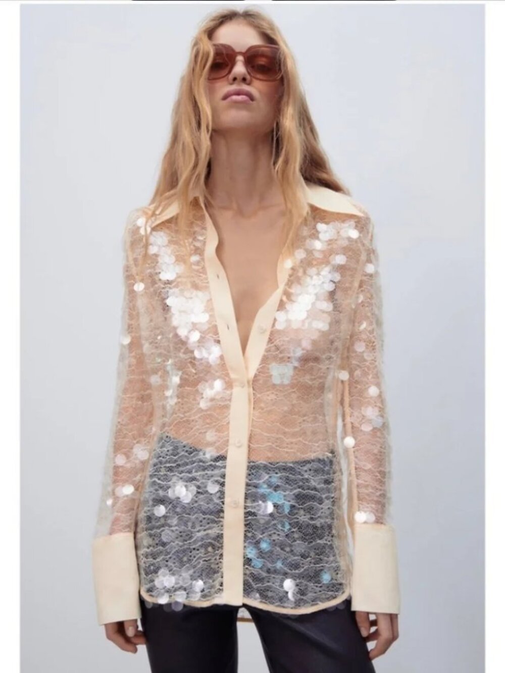 ZARA SEMI SHEER SEQUIN TOP BEIGE NWT XXL